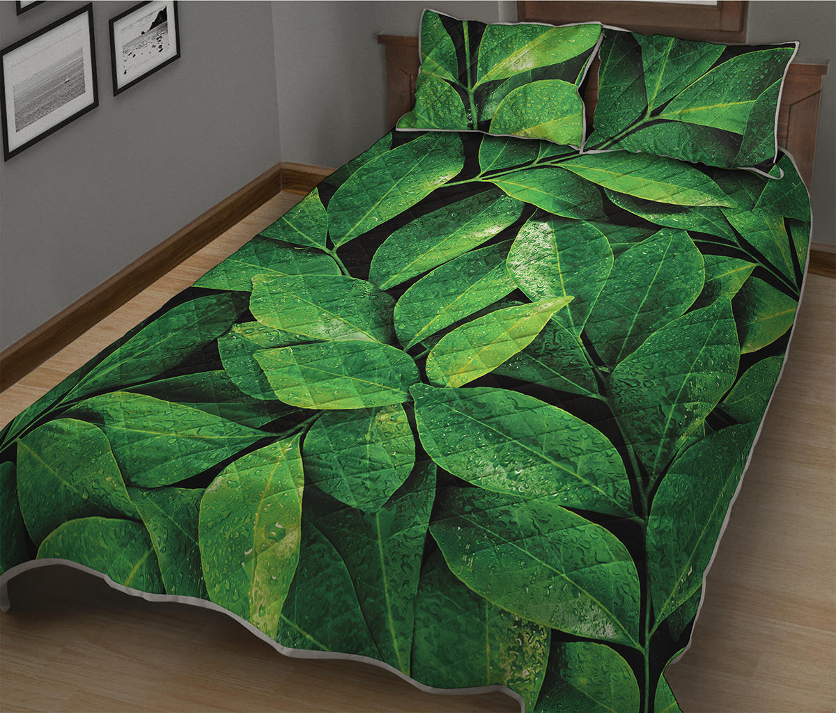 Fresh Green Leaf Print Quilt Bed Set