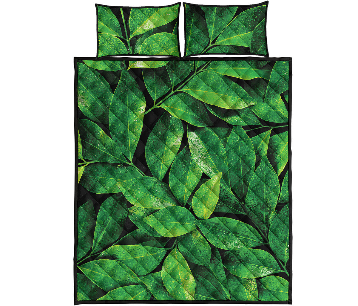 Fresh Green Leaf Print Quilt Bed Set