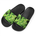 Fresh Lettuce Leaves Print Black Slide Sandals