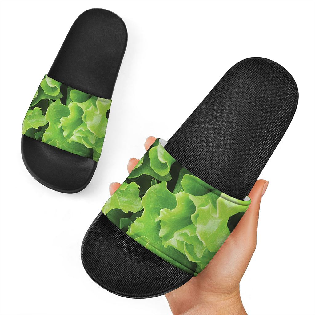 Fresh Lettuce Leaves Print Black Slide Sandals