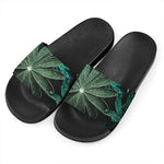 Fresh Tropical Leaf Print Black Slide Sandals
