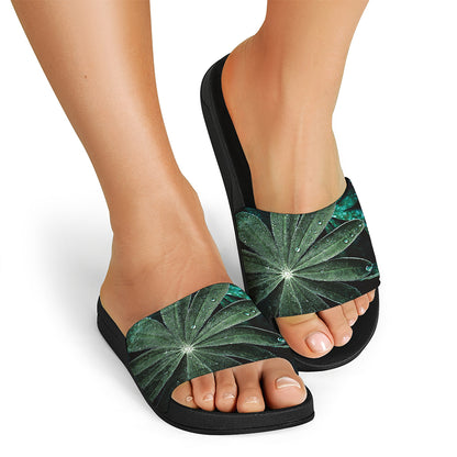 Fresh Tropical Leaf Print Black Slide Sandals