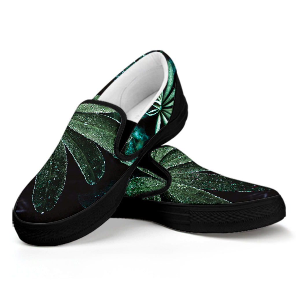 Fresh Tropical Leaf Print Black Slip On Shoes