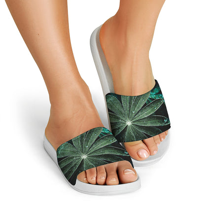 Fresh Tropical Leaf Print White Slide Sandals