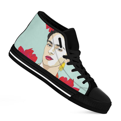 Frida Kahlo And Floral Print Black High Top Shoes