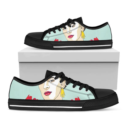 Frida Kahlo And Floral Print Black Low Top Shoes 