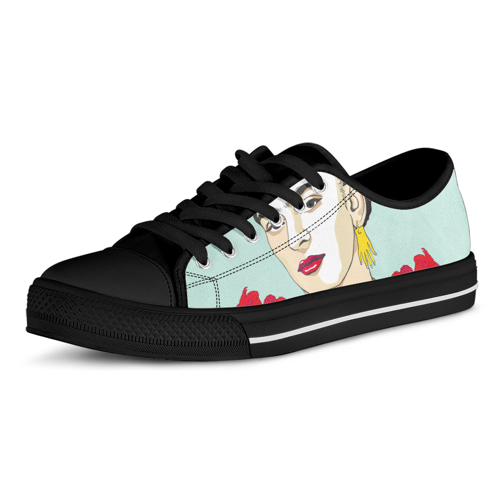 Frida Kahlo And Floral Print Black Low Top Shoes 