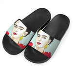 Frida Kahlo And Floral Print Black Slide Sandals