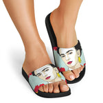 Frida Kahlo And Floral Print Black Slide Sandals