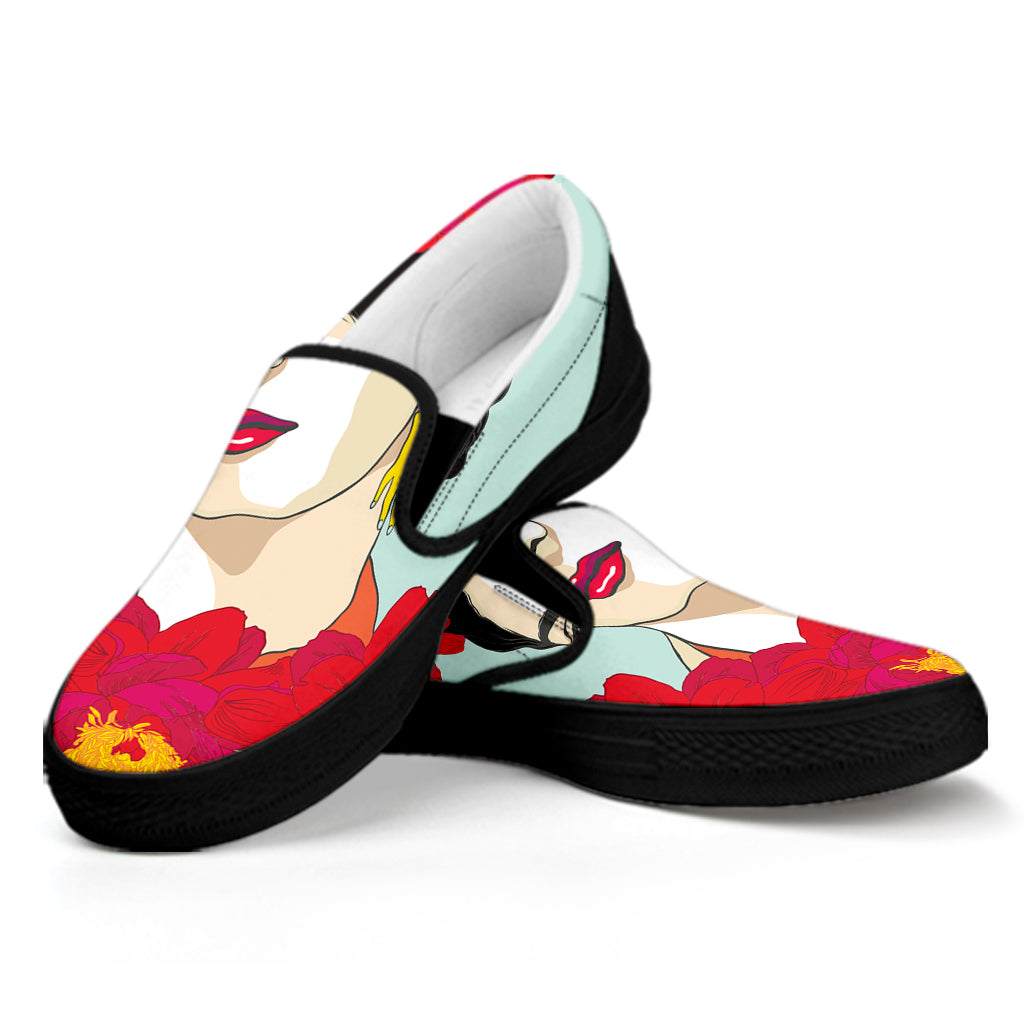 Frida Kahlo And Floral Print Black Slip On Shoes