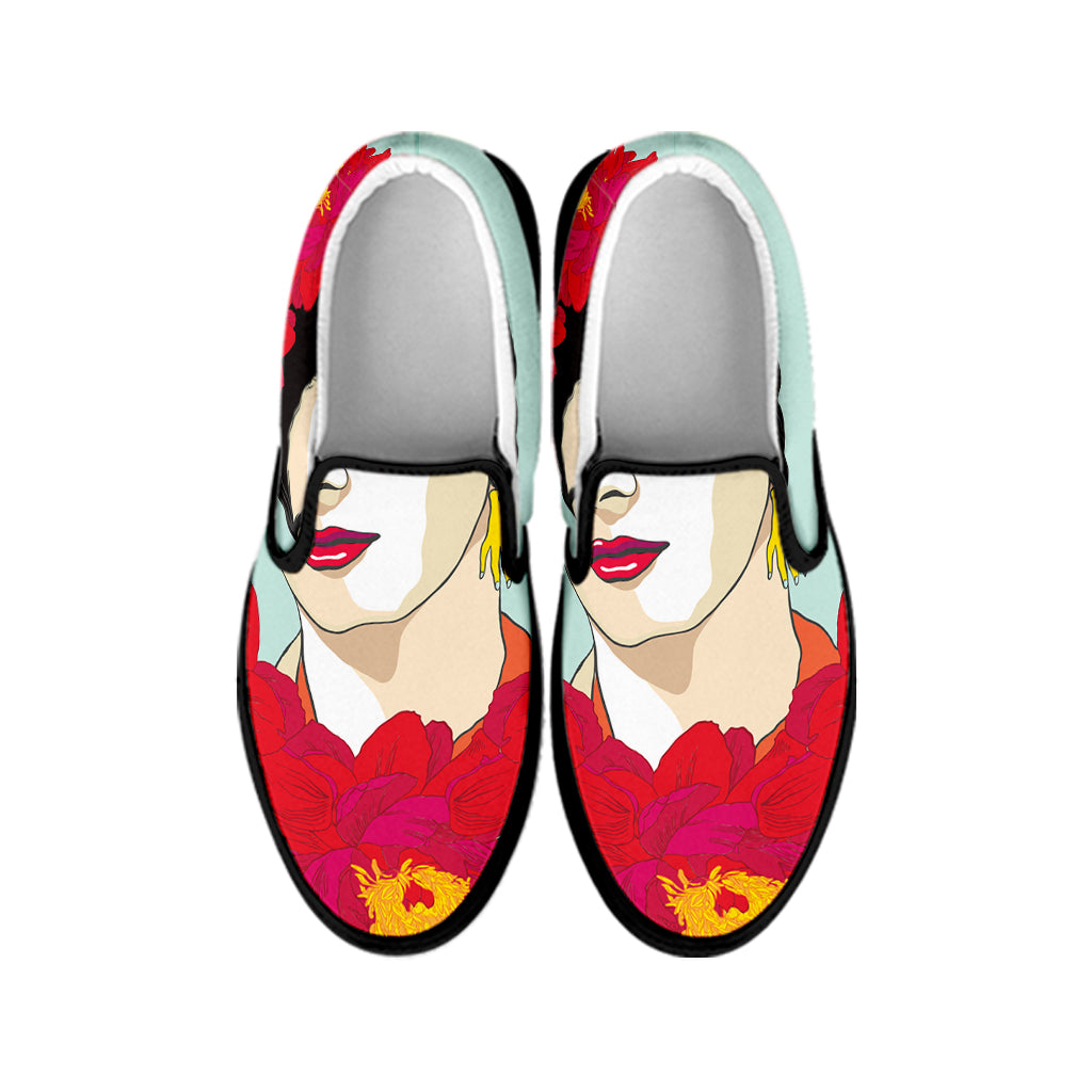 Frida Kahlo And Floral Print Black Slip On Shoes