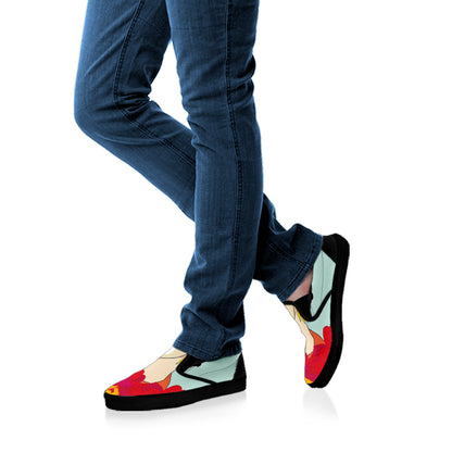 Frida Kahlo And Floral Print Black Slip On Shoes