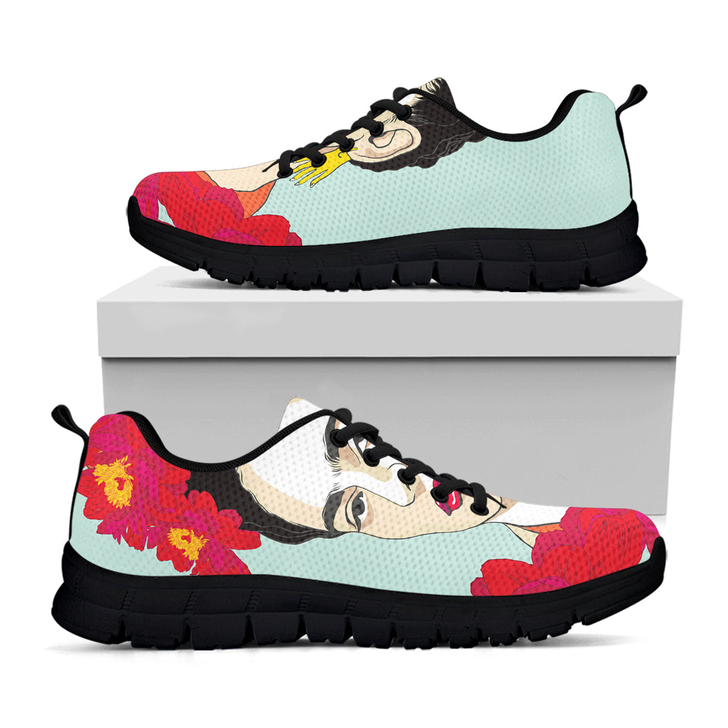 Frida Kahlo And Floral Print Black Sneakers