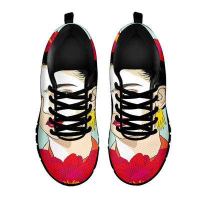 Frida Kahlo And Floral Print Black Sneakers