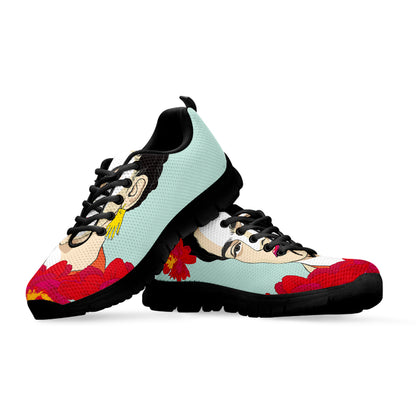 Frida Kahlo And Floral Print Black Sneakers