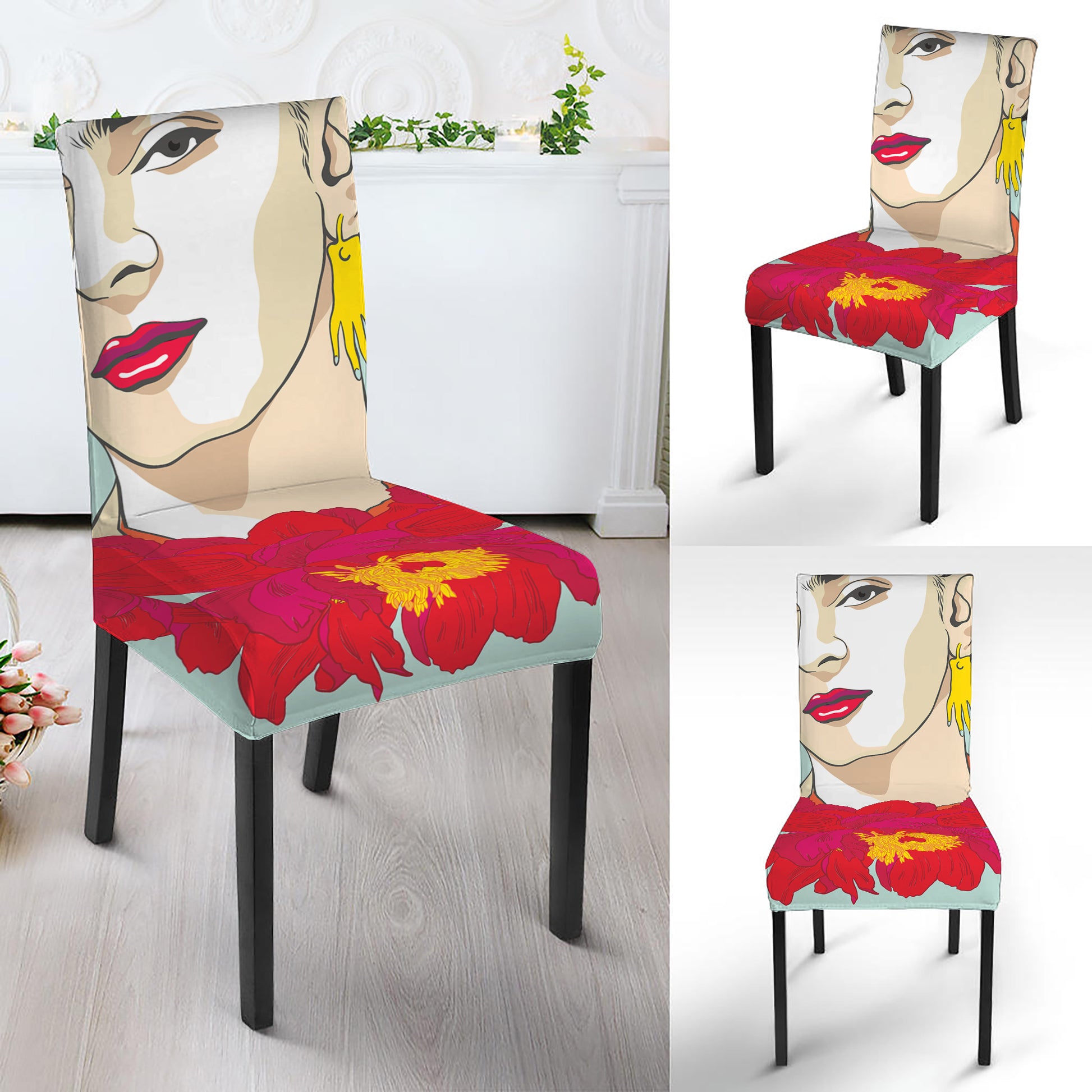 Frida Kahlo And Floral Print Dining Chair Slipcover