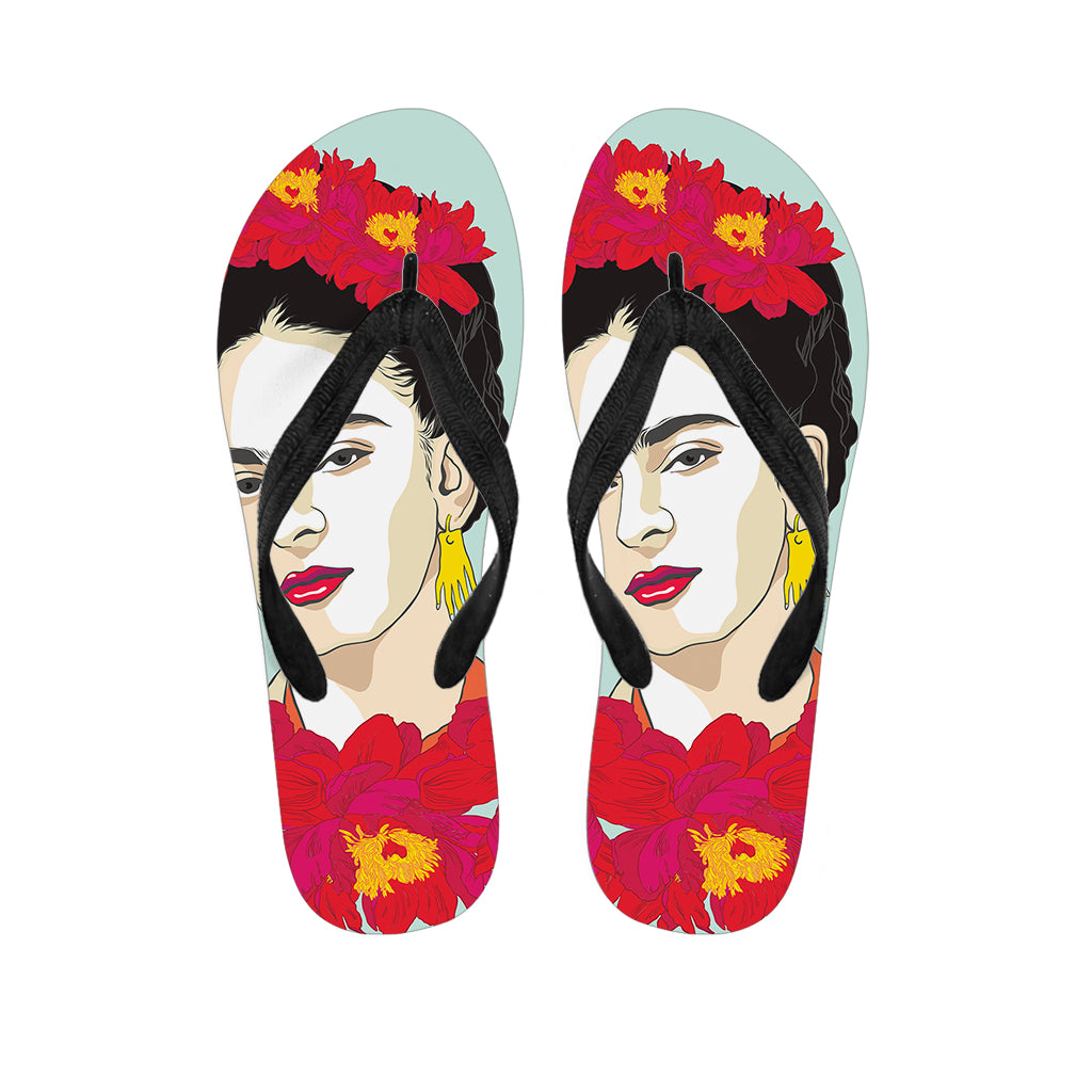 Frida Kahlo And Floral Print Flip Flops