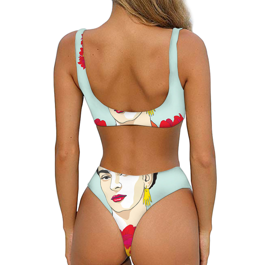 Frida Kahlo And Floral Print Front Bow Tie Bikini GearFrost