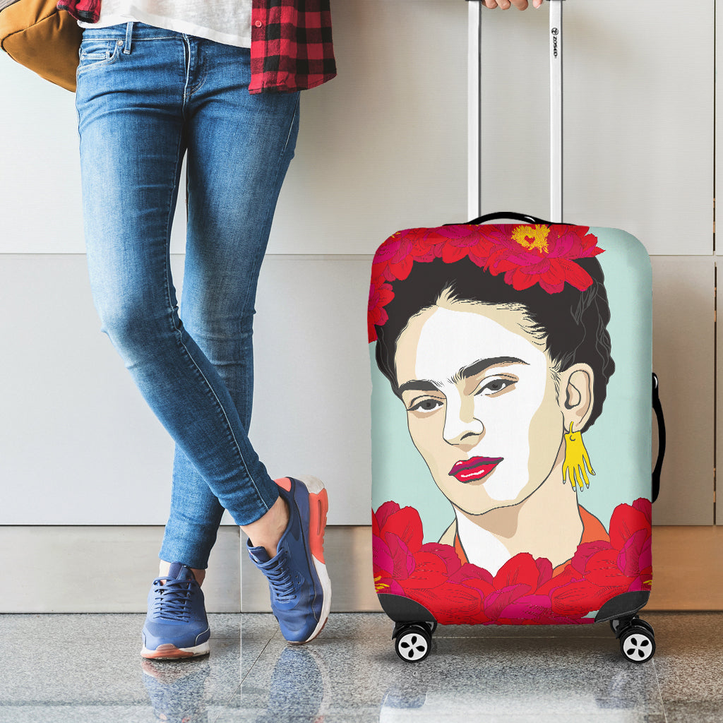 Frida Kahlo And Floral Print Luggage Cover