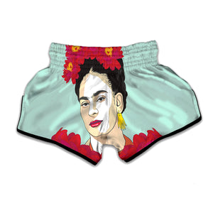 Frida Kahlo And Floral Print Muay Thai Boxing Shorts