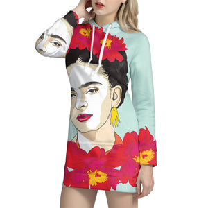 Frida Kahlo And Floral Print Pullover Hoodie Dress