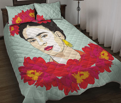 Frida Kahlo And Floral Print Quilt Bed Set