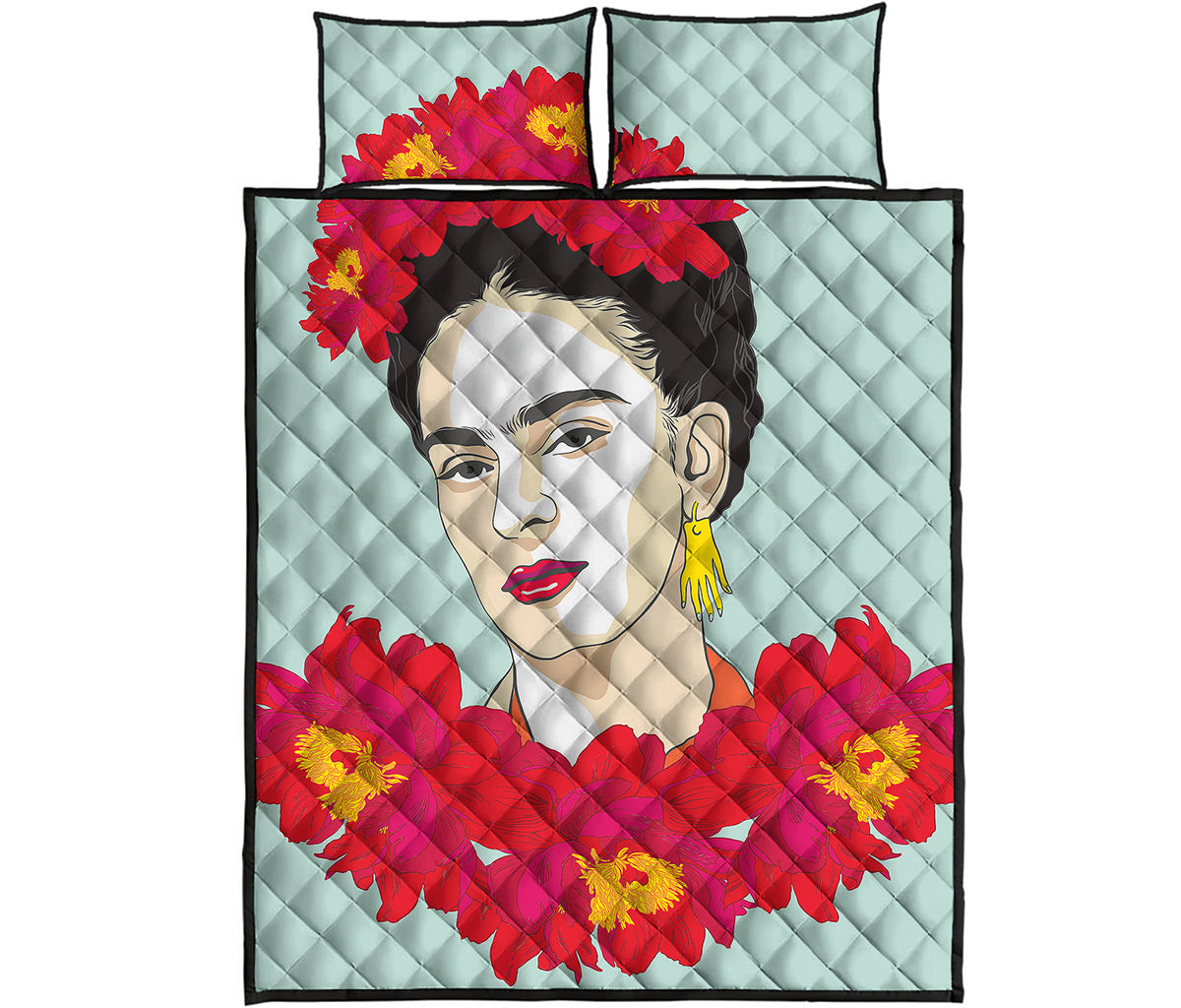 Frida Kahlo And Floral Print Quilt Bed Set