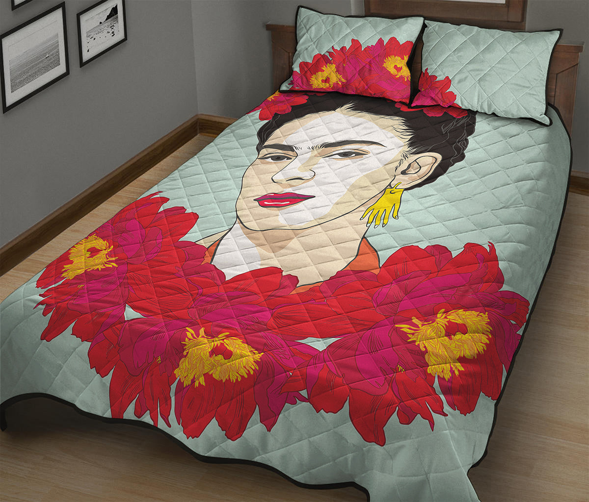 Frida Kahlo And Floral Print Quilt Bed Set