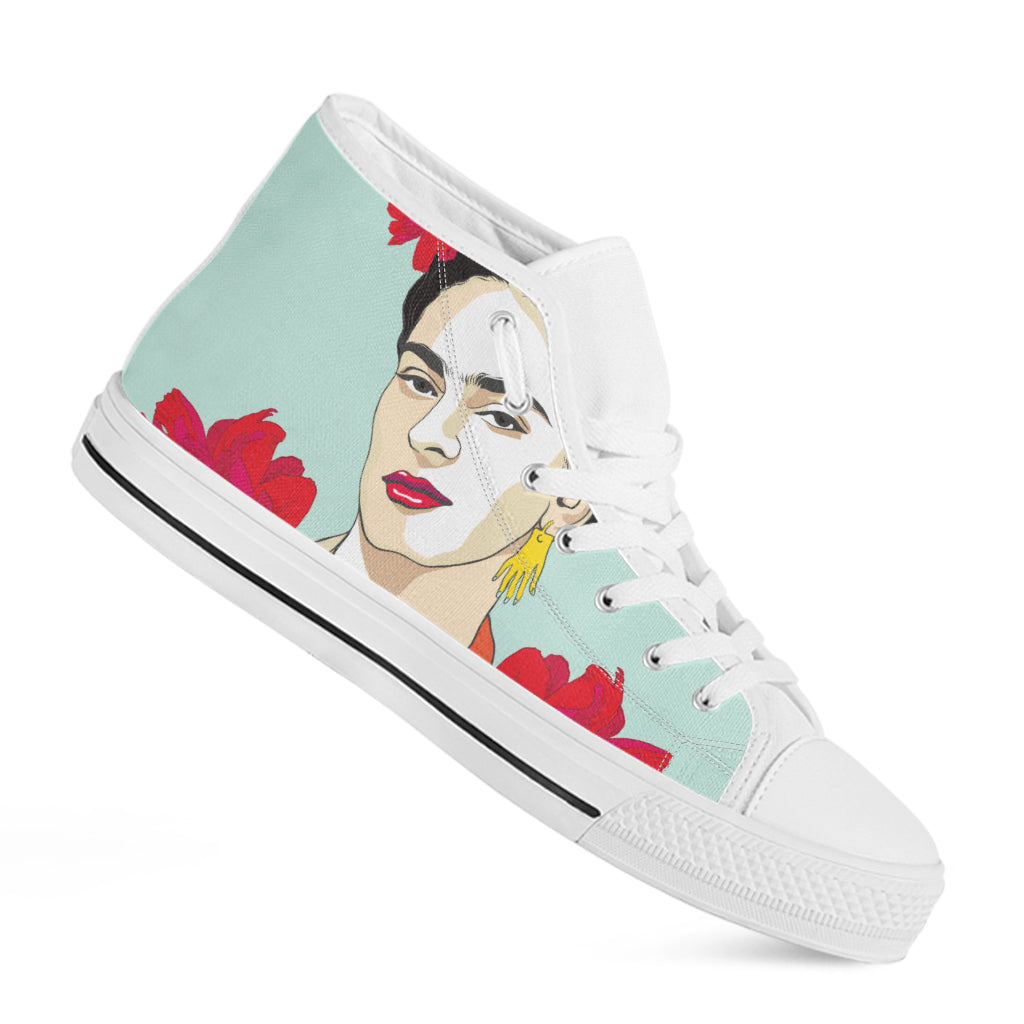 Frida Kahlo And Floral Print White High Top Shoes