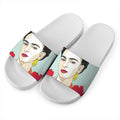 Frida Kahlo And Floral Print White Slide Sandals