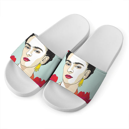 Frida Kahlo And Floral Print White Slide Sandals