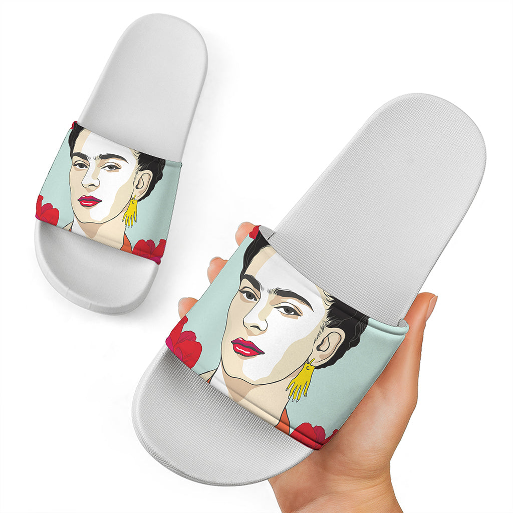 Frida Kahlo And Floral Print White Slide Sandals