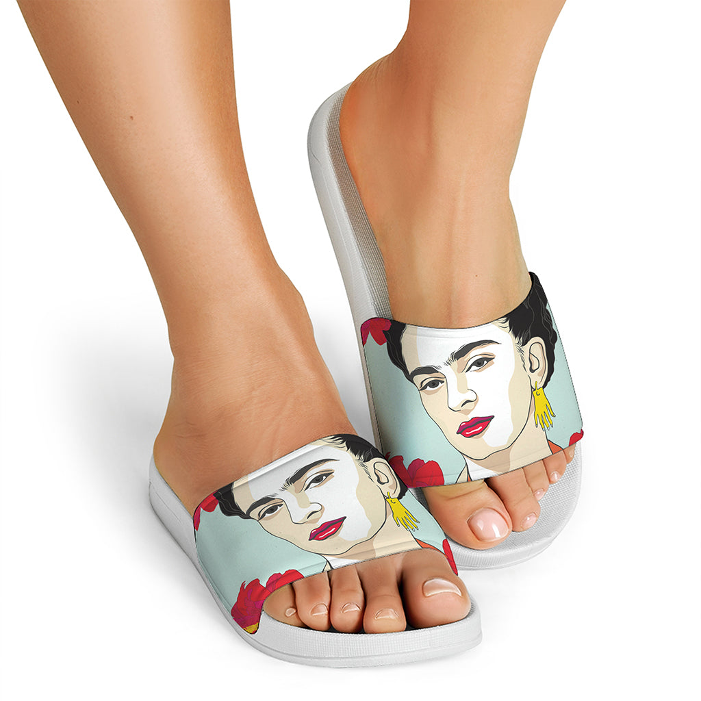 Frida Kahlo And Floral Print White Slide Sandals