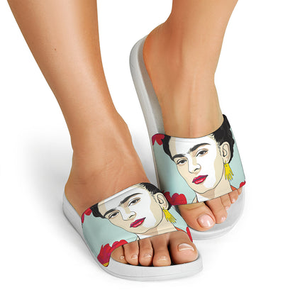 Frida Kahlo And Floral Print White Slide Sandals