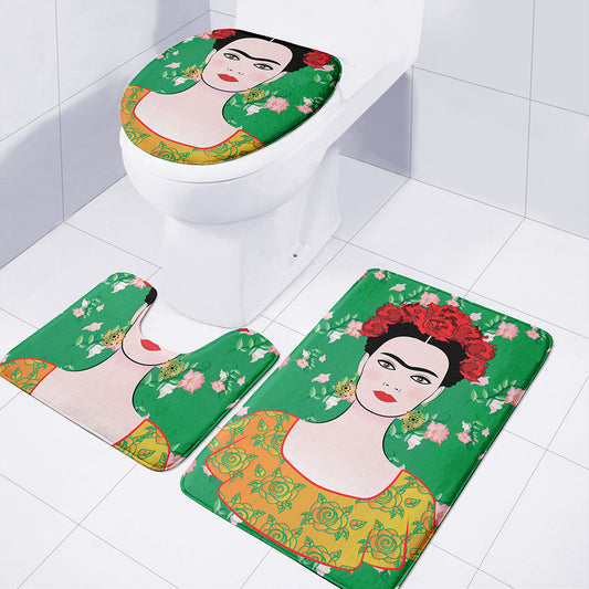 Frida Kahlo And Pink Floral Print 3 Piece Bath Mat Set