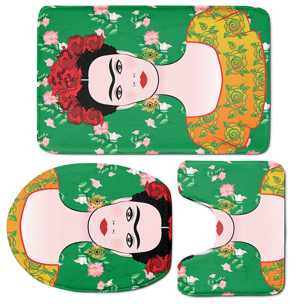 Frida Kahlo And Pink Floral Print 3 Piece Bath Mat Set