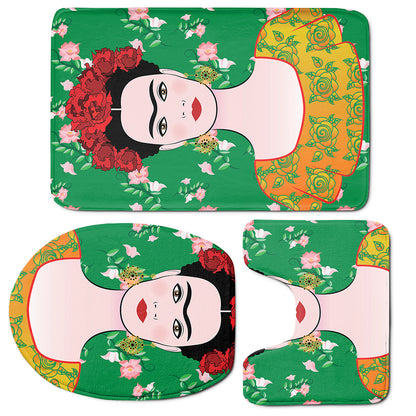 Frida Kahlo And Pink Floral Print 3 Piece Bath Mat Set