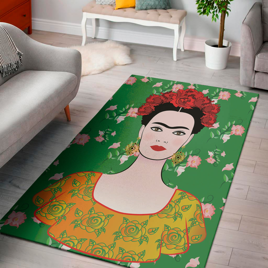 Frida Kahlo And Pink Floral Print Area Rug