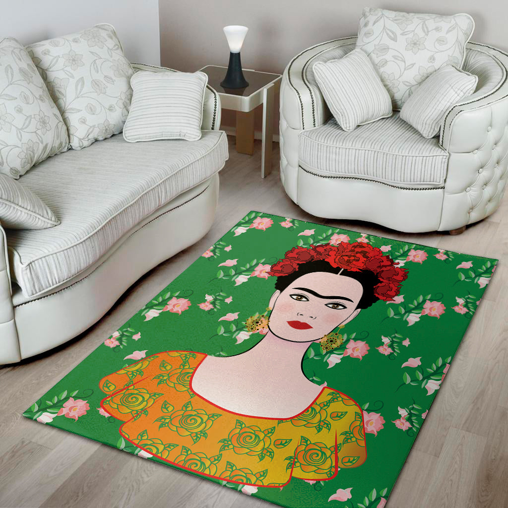 Frida Kahlo And Pink Floral Print Area Rug