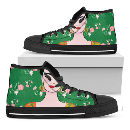 Frida Kahlo And Pink Floral Print Black High Top Shoes