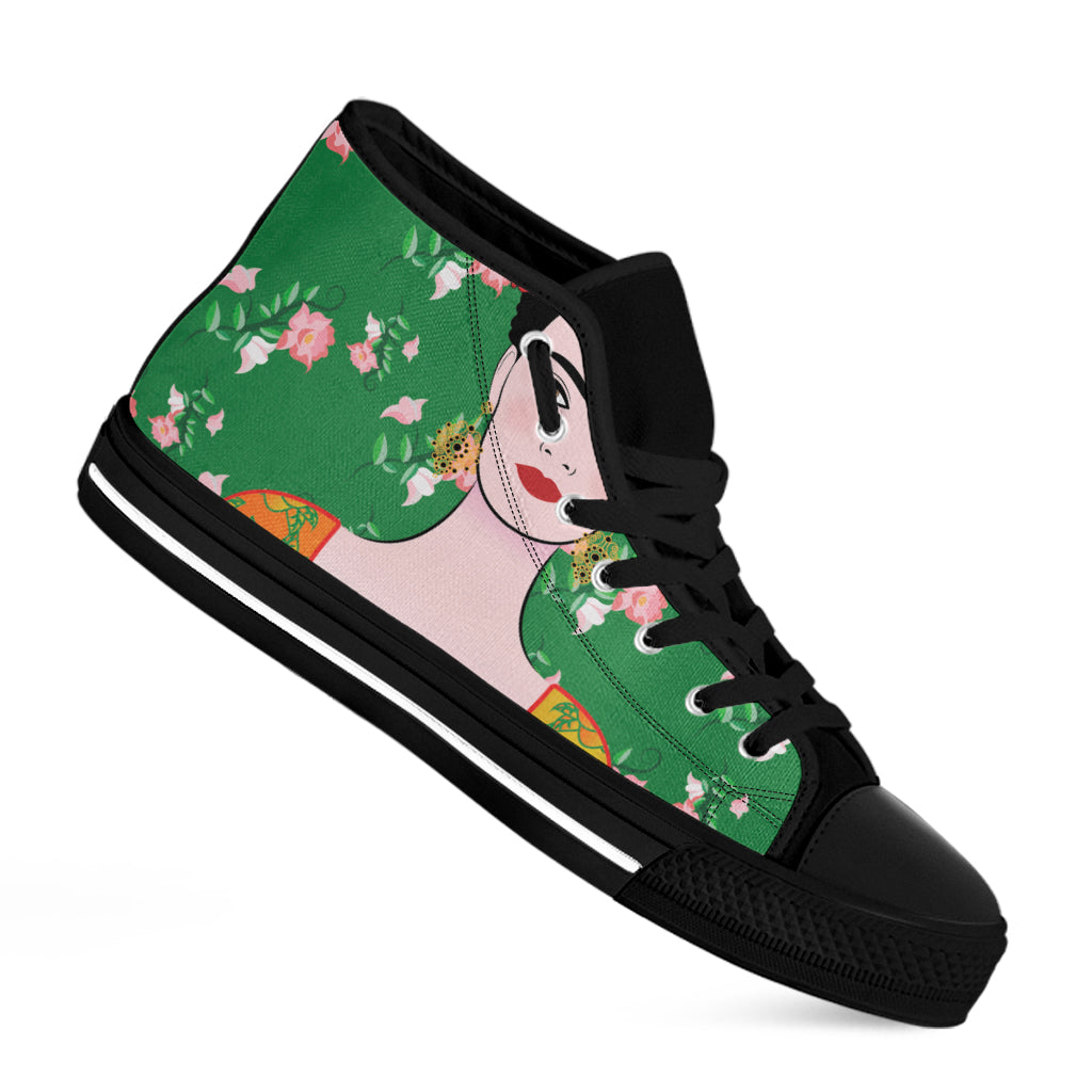 Frida Kahlo And Pink Floral Print Black High Top Shoes