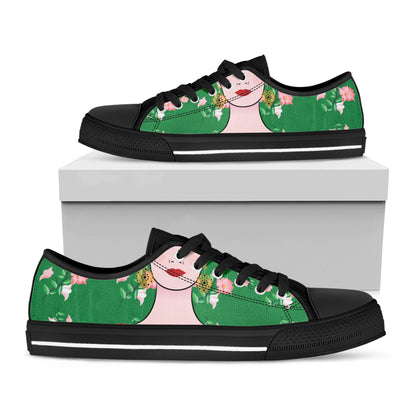 Frida Kahlo And Pink Floral Print Black Low Top Shoes 