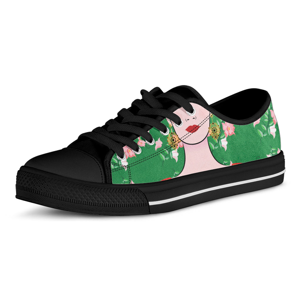 Frida Kahlo And Pink Floral Print Black Low Top Shoes 