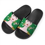 Frida Kahlo And Pink Floral Print Black Slide Sandals