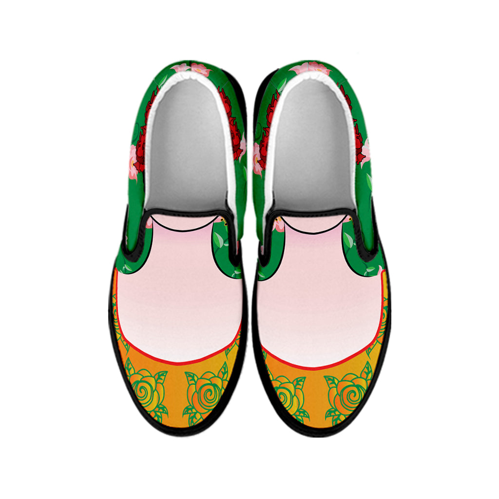 Frida Kahlo And Pink Floral Print Black Slip On Shoes