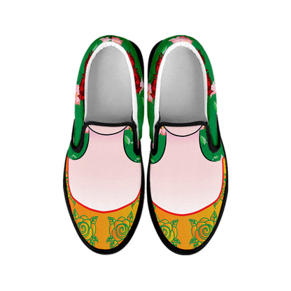 Frida Kahlo And Pink Floral Print Black Slip On Shoes