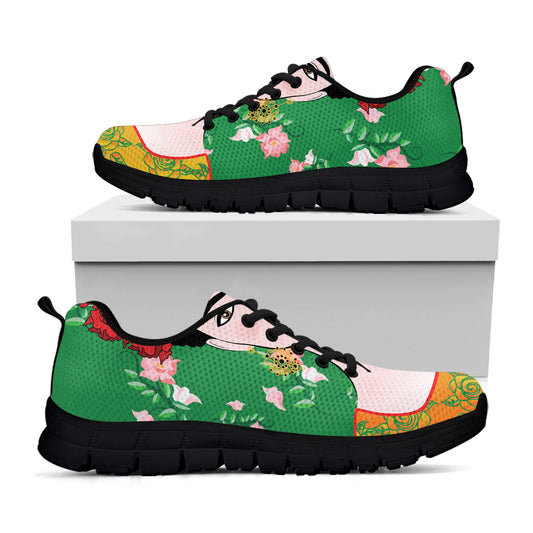 Frida Kahlo And Pink Floral Print Black Sneakers