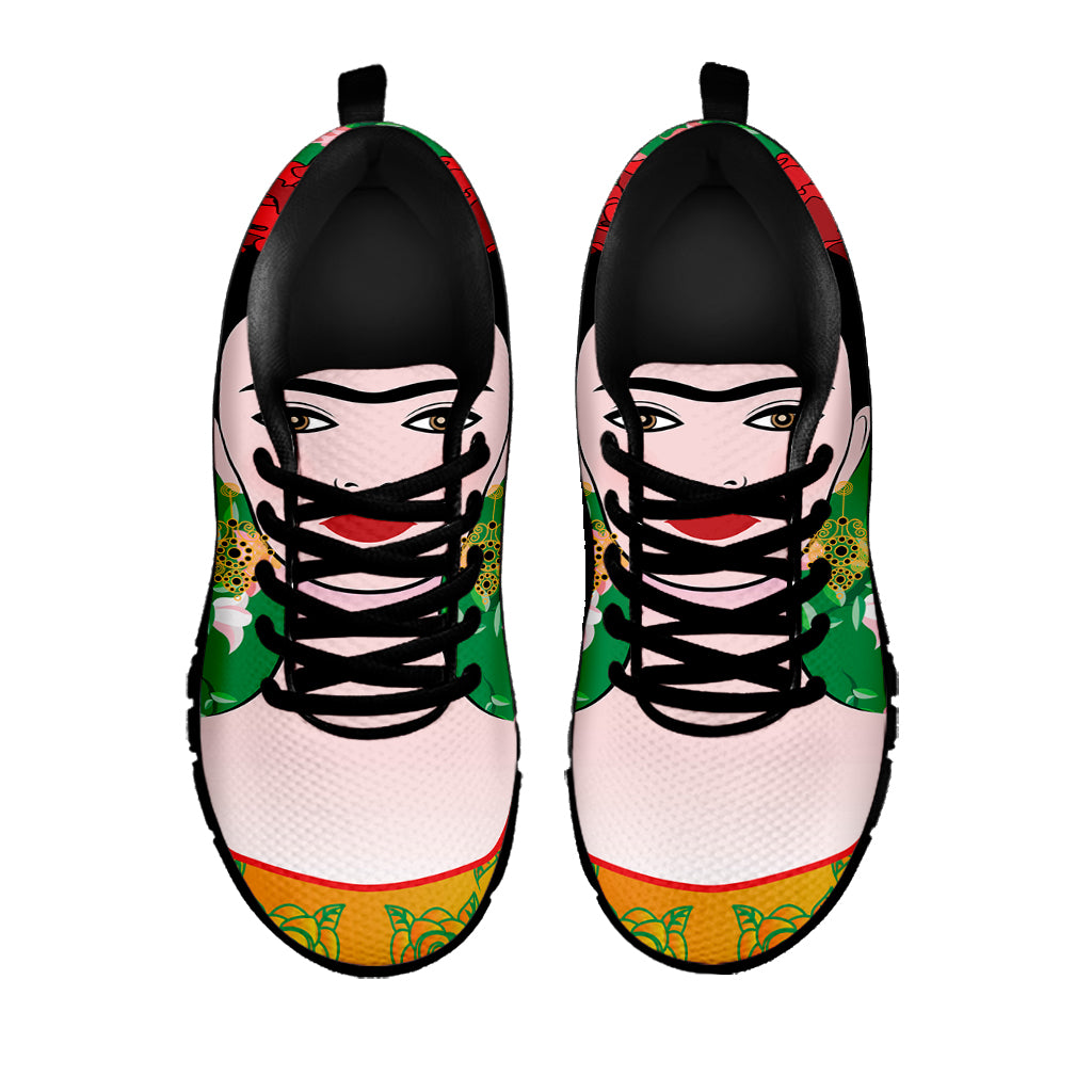 Frida Kahlo And Pink Floral Print Black Sneakers