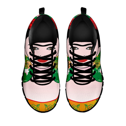 Frida Kahlo And Pink Floral Print Black Sneakers