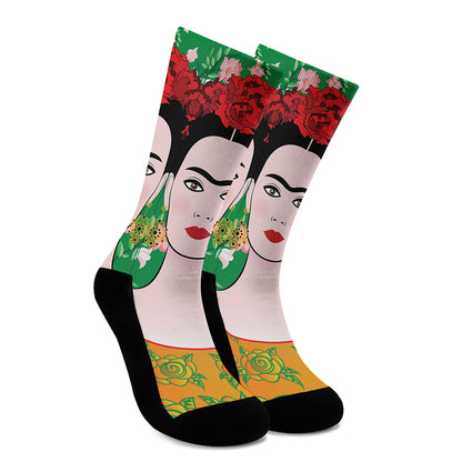 Frida Kahlo And Pink Floral Print Crew Socks